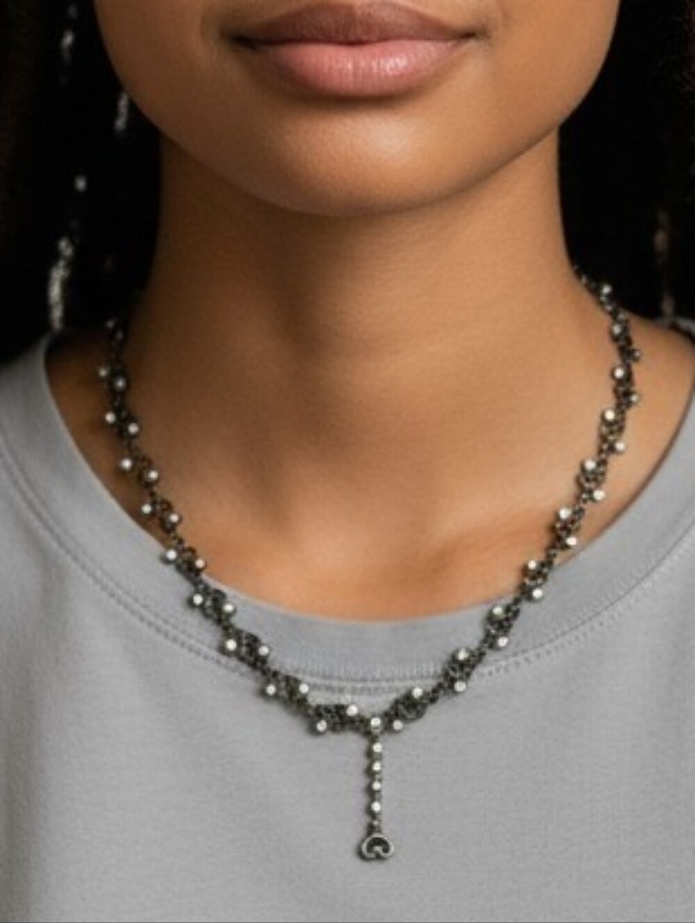 Gunmetal Floral Scroll Pendant Necklace with Subtle Crystal Accents